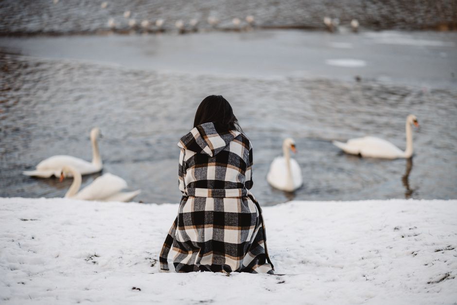 A woman in a checked coat watching swans on a snowy lake in Berlin during winter.