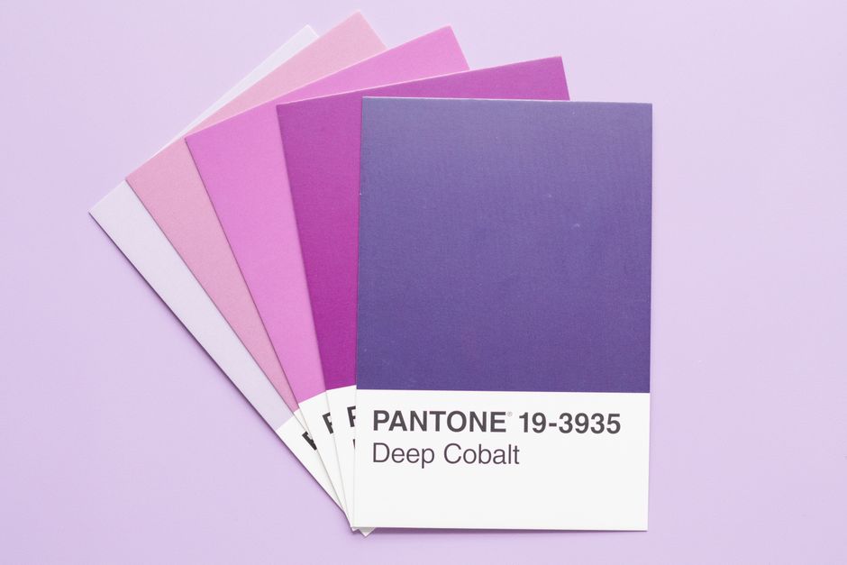 Color swatches featuring Pantone 19-3935 Deep Cobalt on a lavender background.